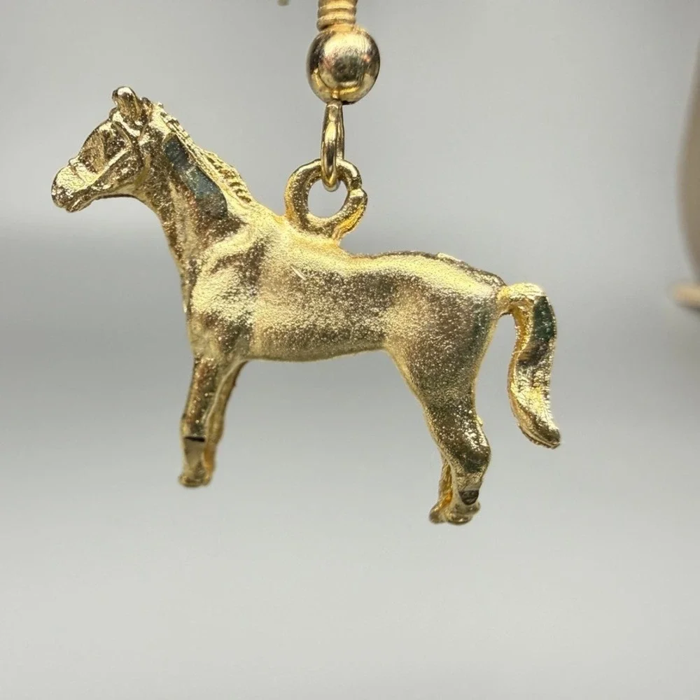 Vintage Horse Dangle Earrings Pierced Gold Tone 1990s Western Equestrian